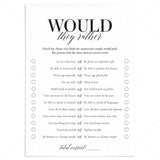 Fun Anniversary Party Game Would They Rather Printable by LittleSizzle