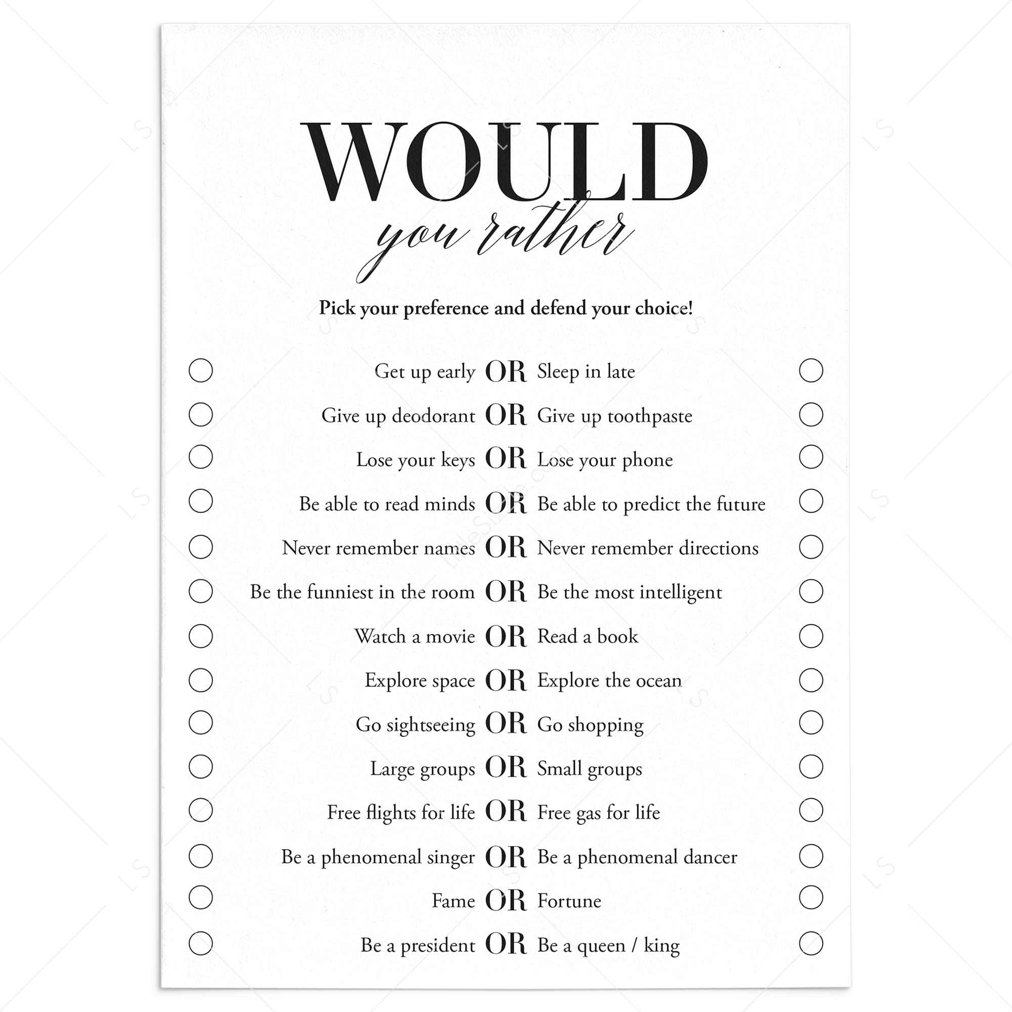 Would You Rather Icebreaker Game Printable by LittleSizzle