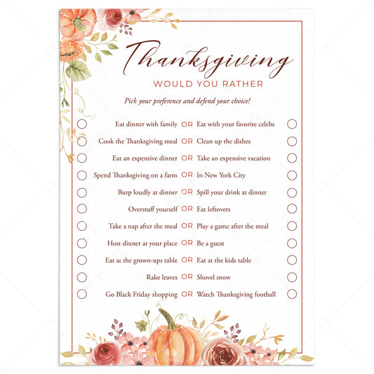 Fun Thanksgiving Would You Rather Questions Printable by LittleSizzle