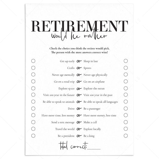 Retirement Party Would He Rather Game Cards Printable by LittleSizzle