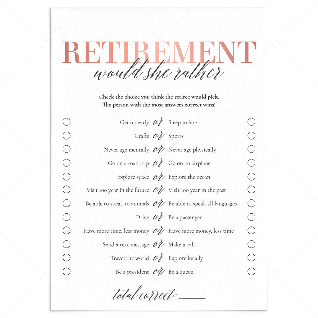 Retirement Party Game Would She Rather Printable | Instant Download ...