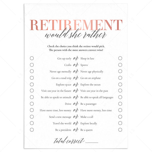 Retirement Party Game Would She Rather Printable by LittleSizzle