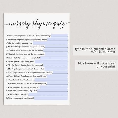 Nursery Rhyme (Virtual) Baby Shower Game | Minimal | Instant Download ...