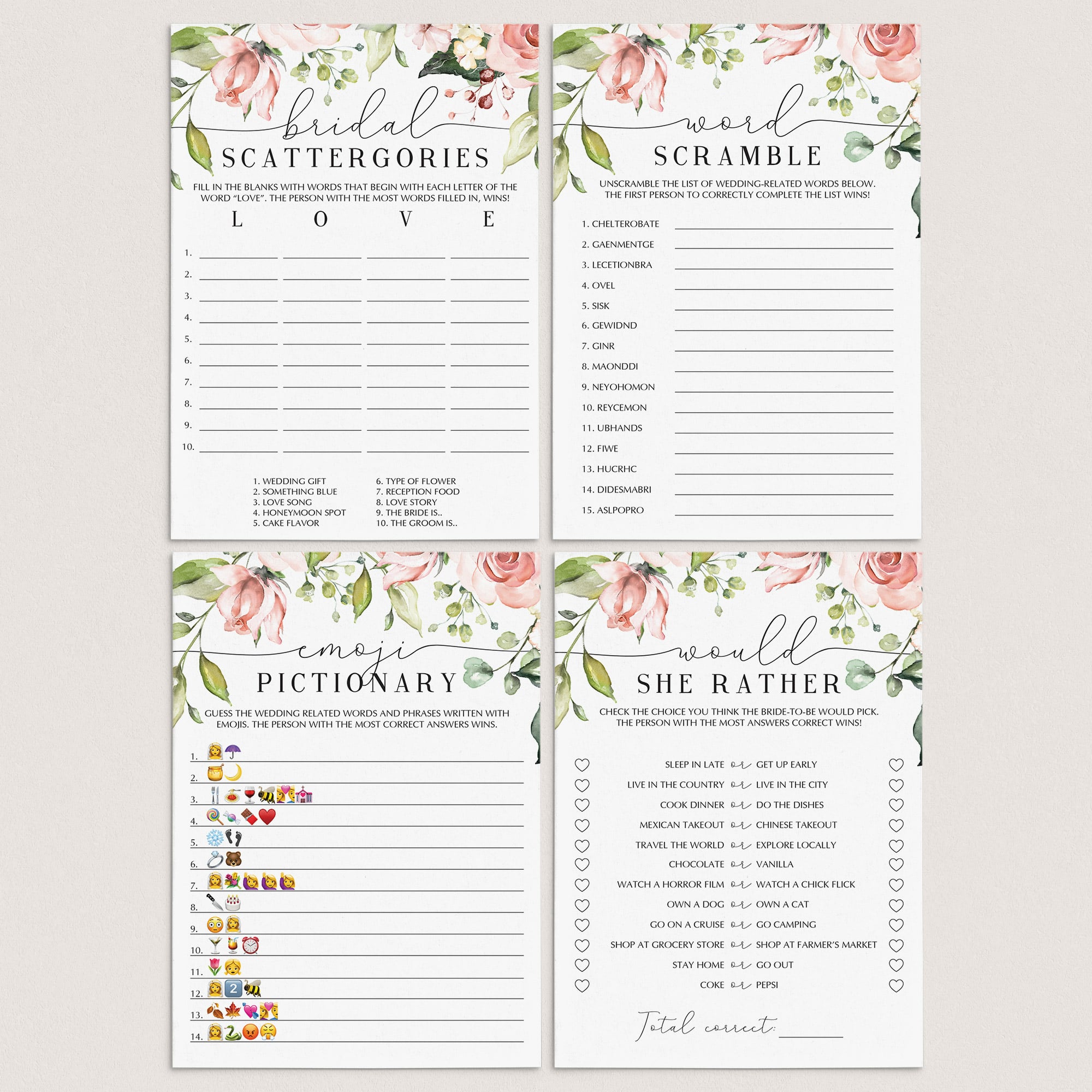 Zoom Bridal Shower Games Bundle Floral Theme Instant Download by LittleSizzle