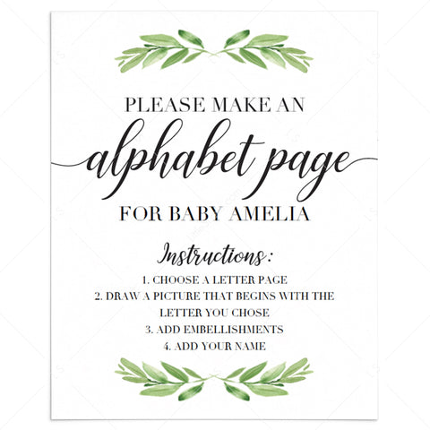 Printable Baby Shower Alphabet Book activity sign with green leaves ...