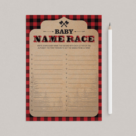 Lumberjack party baby names race game printable by LittleSizzle