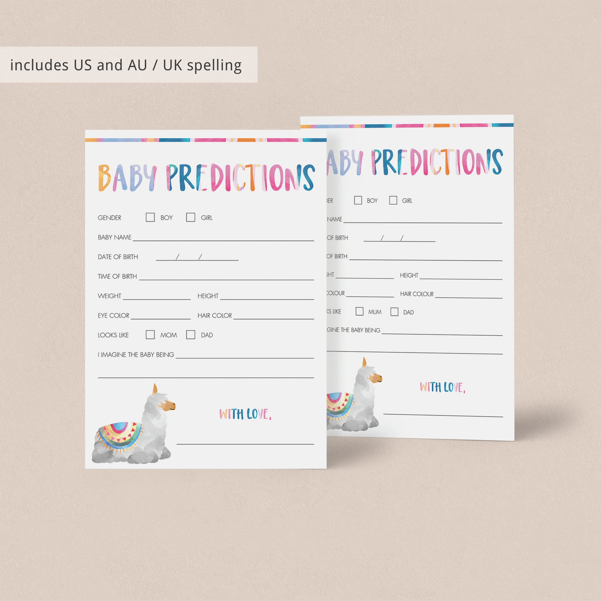 Alpaca baby shower games au and uk spelling by LittleSizzle