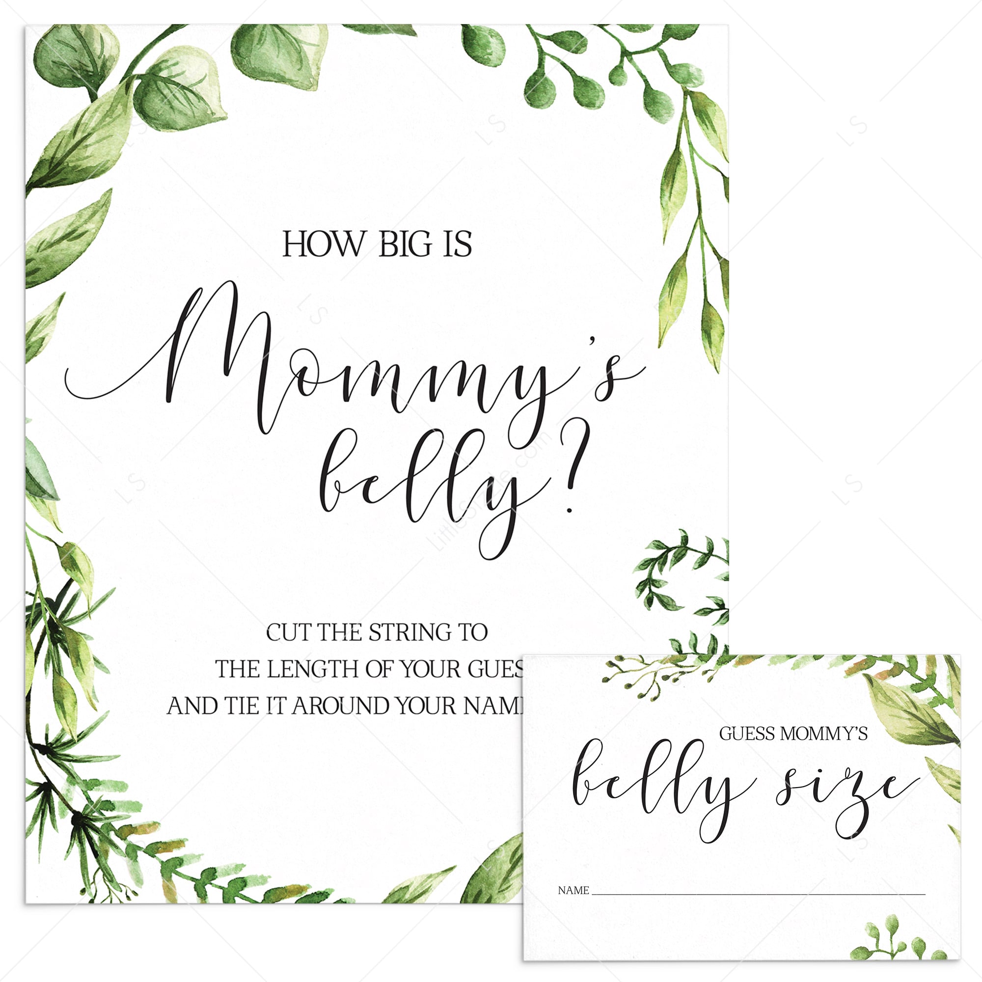 How big is mommy's belly game for greenery baby shower printable by LittleSizzle