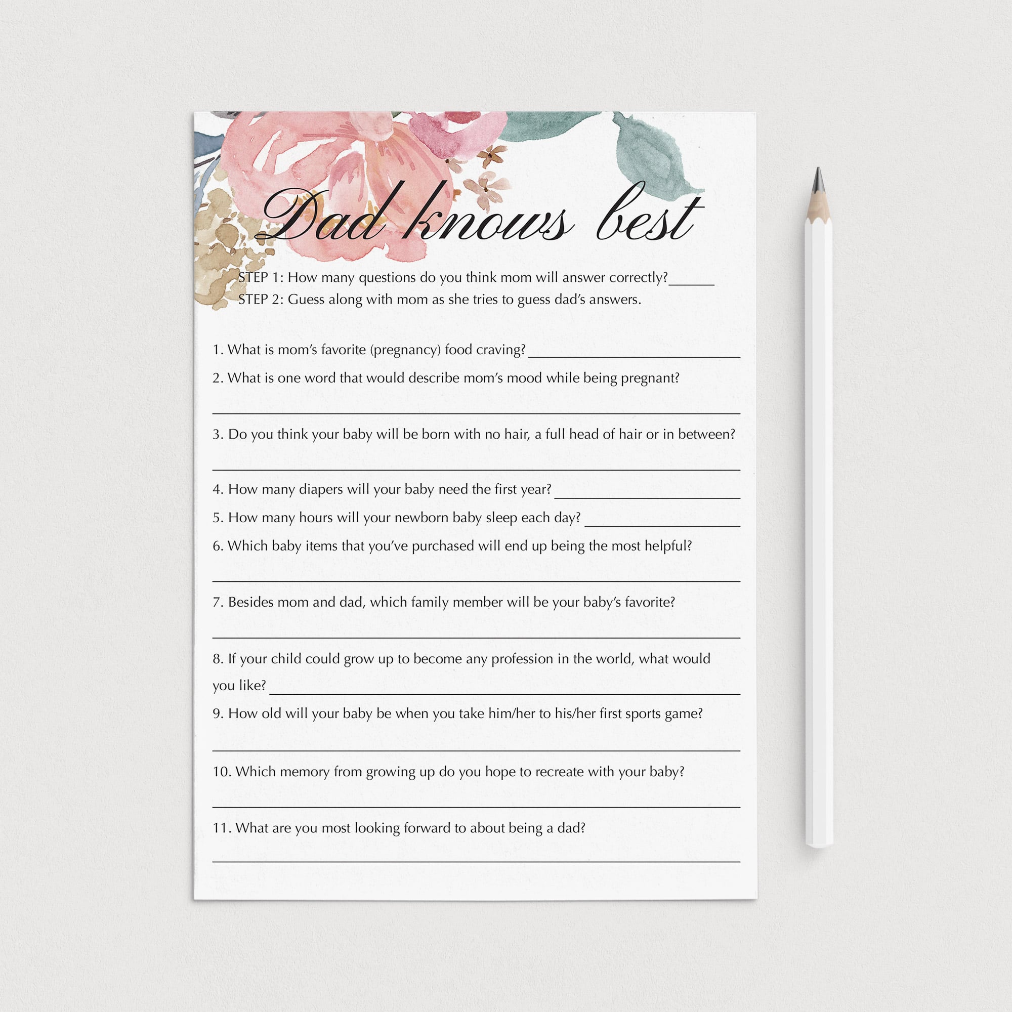 Dad knows best baby shower game printable floral theme