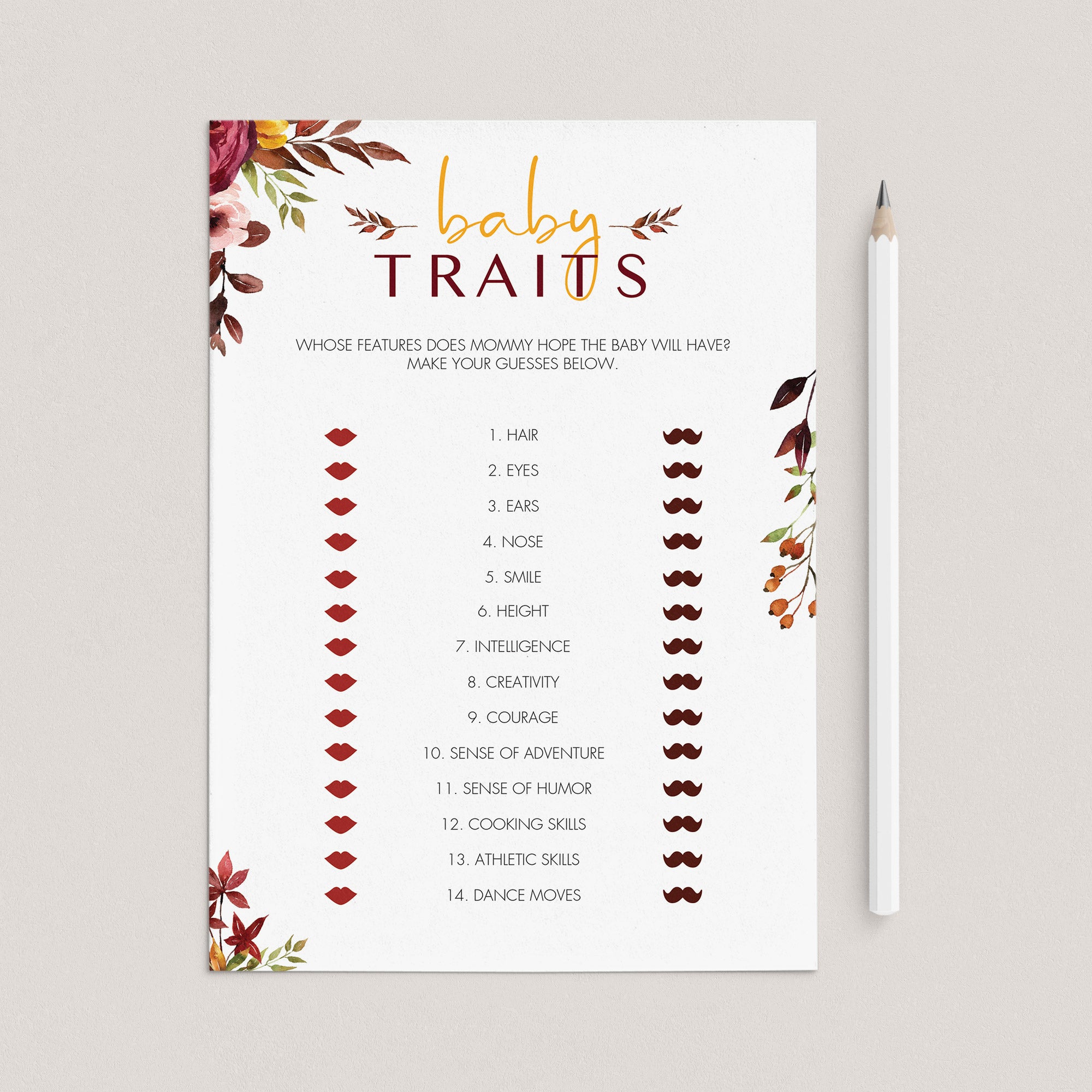 Bohemian BabyShower Baby Traits Game Printable by LittleSizzle