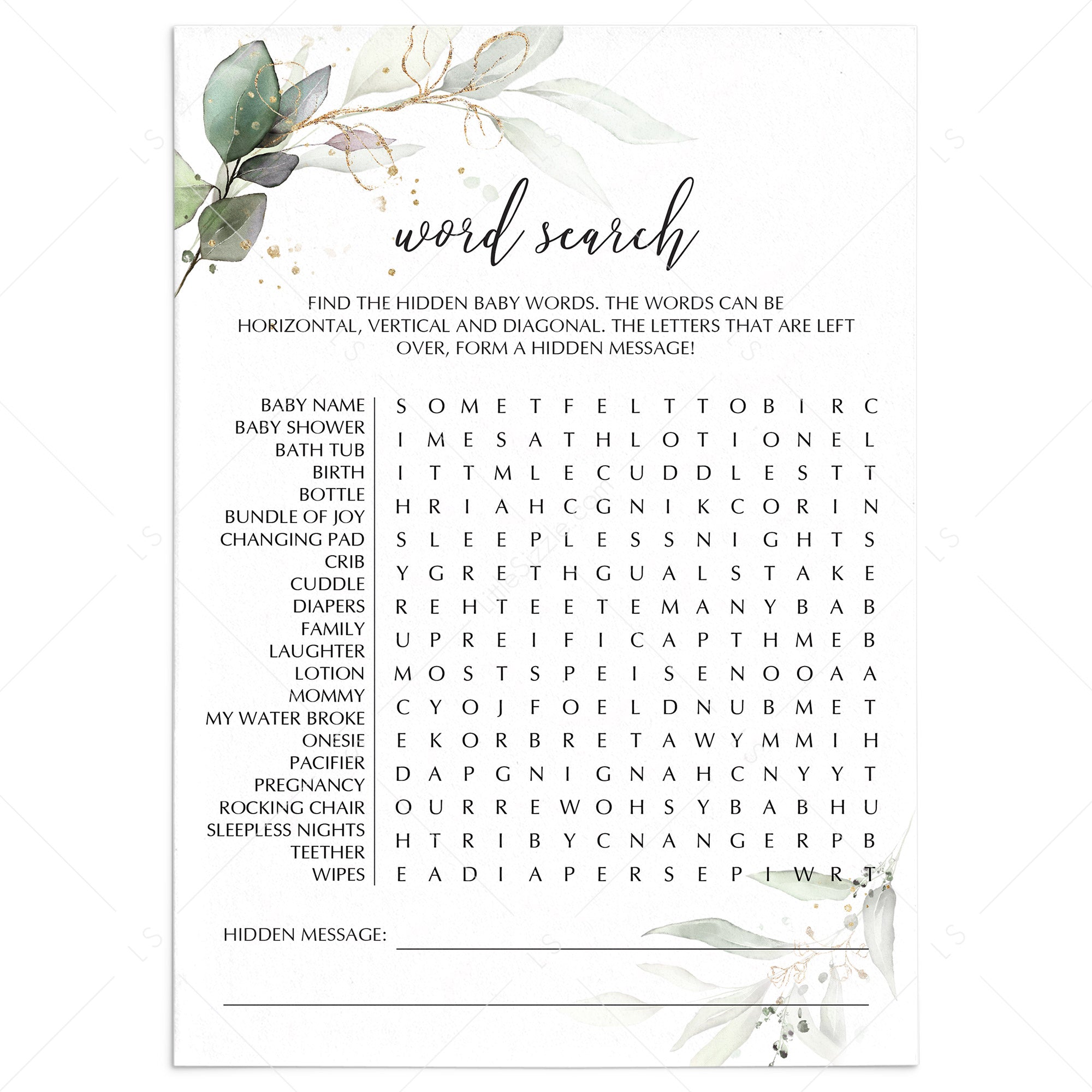 Word Search for Baby Shower Printable Greenery Gold by LittleSizzle