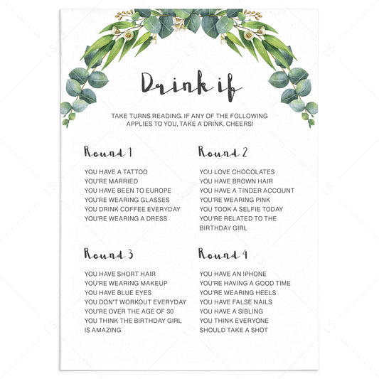 Adult Birthday Party Drink If Game Greenery Theme by LittleSizzle