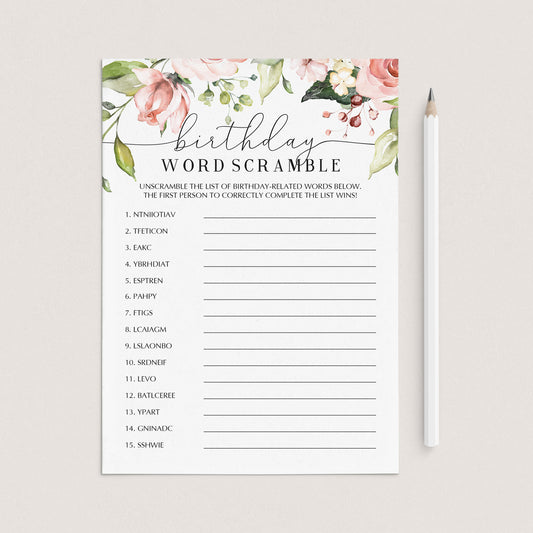 Blush Floral Birthday Word Scramble Printable by LittleSizzle