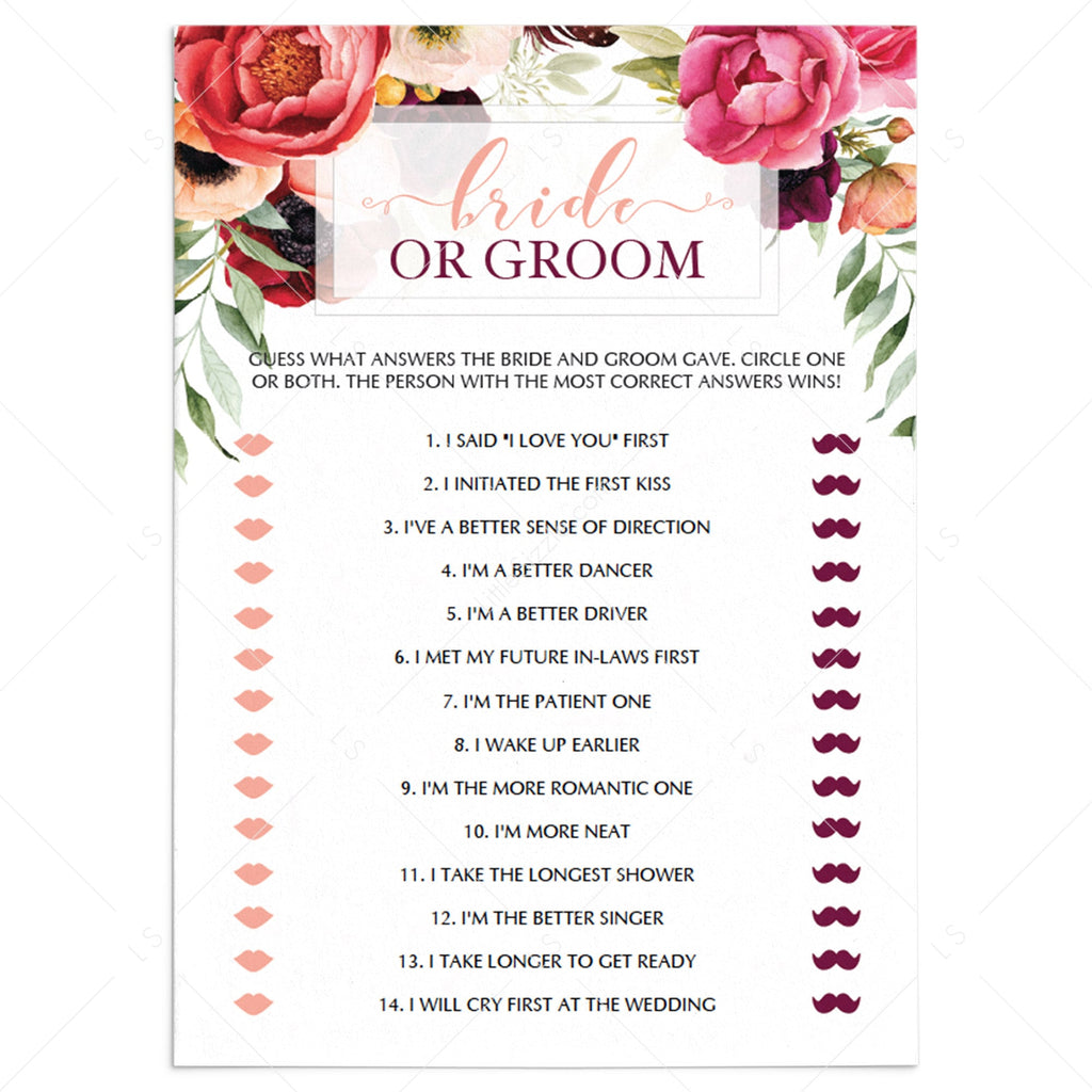 Bright Pink Bridal Shower Bride or Groom Quiz Printable | Instant ...