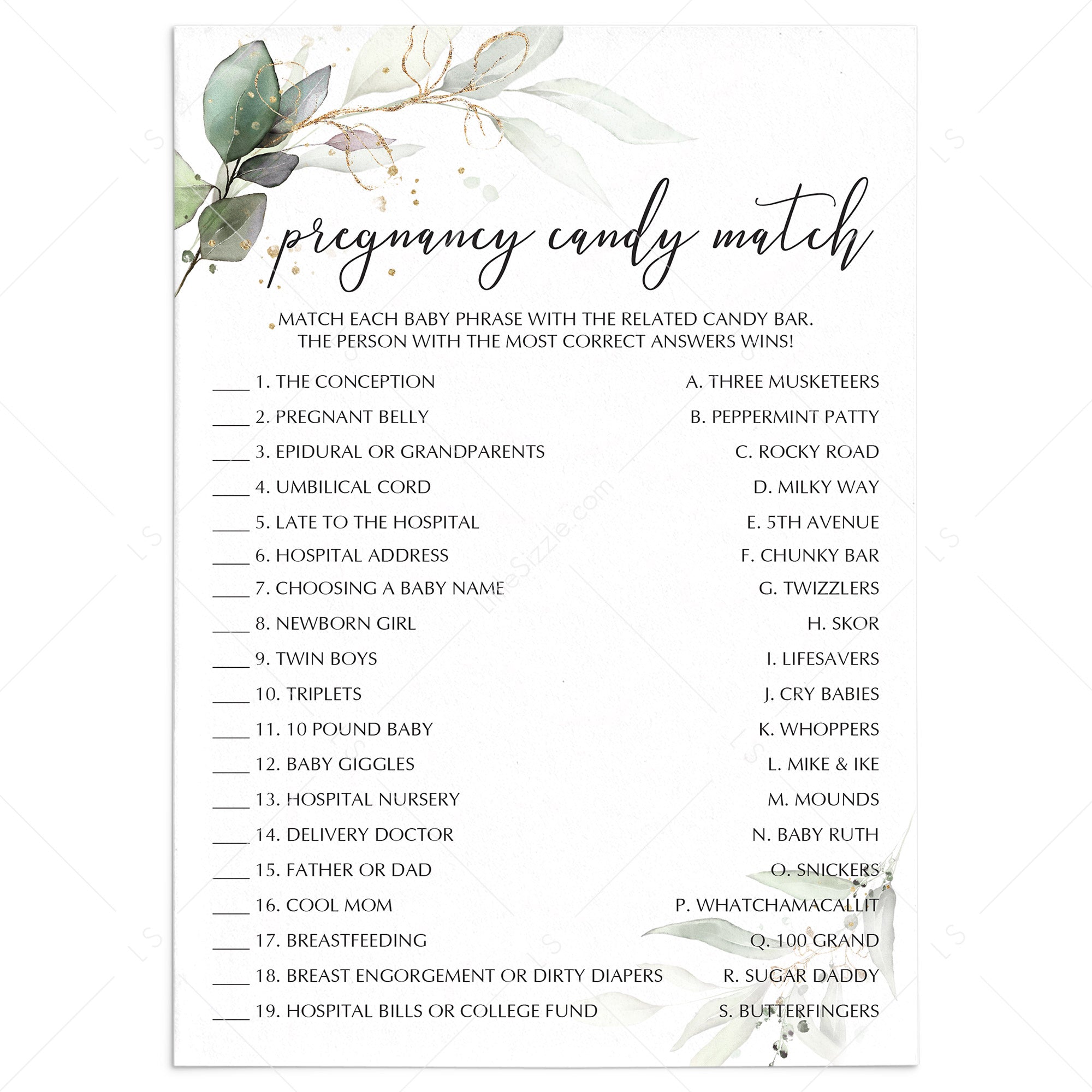 Greenery Gold Baby Shower Game Pregnancy Candy Match by LittleSizzle