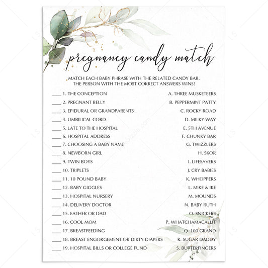 Greenery Gold Baby Shower Game Pregnancy Candy Match by LittleSizzle
