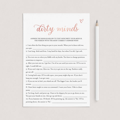 Dirty Minds Bachelorette Game Rose Gold Printable | Answers Included ...