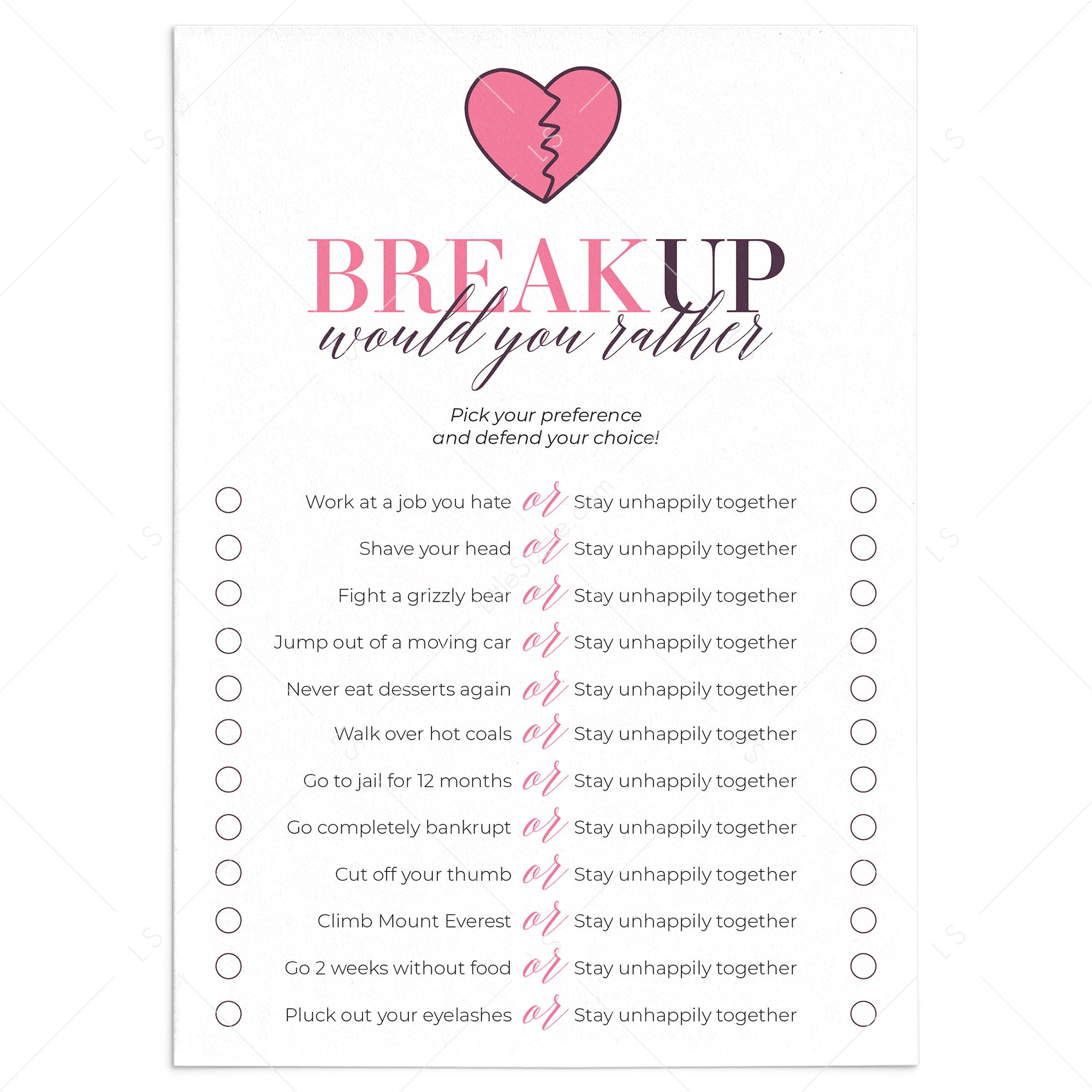 Funny Breakup Party Game Would You Rather by LittleSizzle