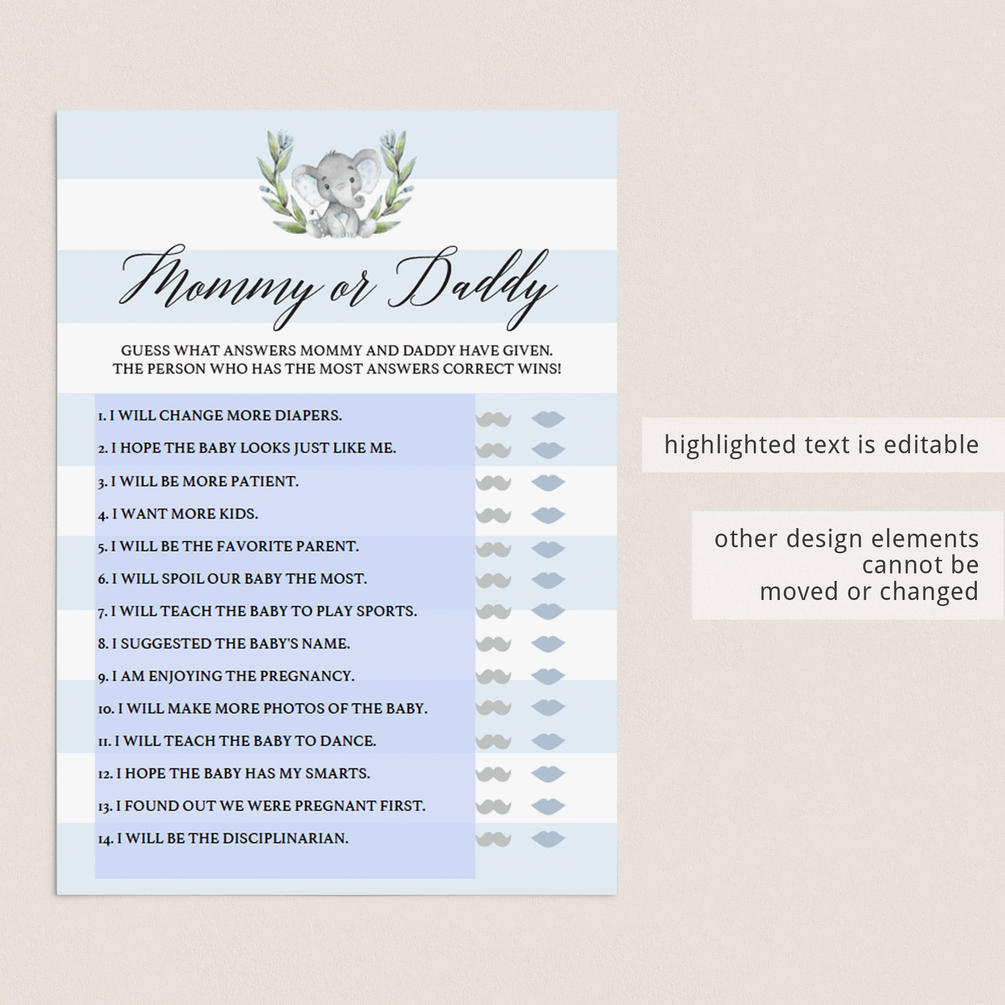 Coed baby shower game mommy or daddy quiz printable by LittleSizzle