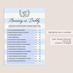 Elephant Theme Baby Shower Mommy or Daddy Quiz Template