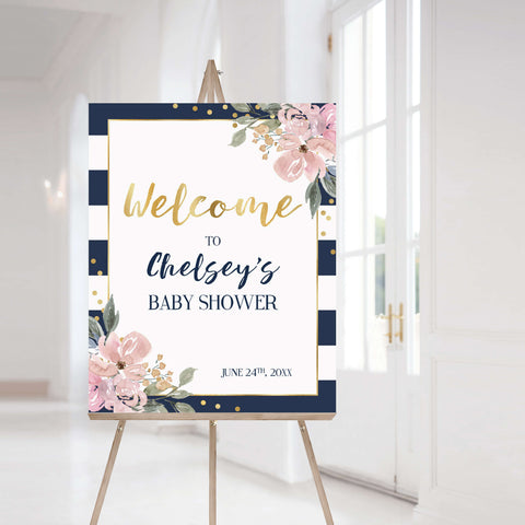 Printable Welcome Sign for pink and navy shower | Pink florals and navy ...