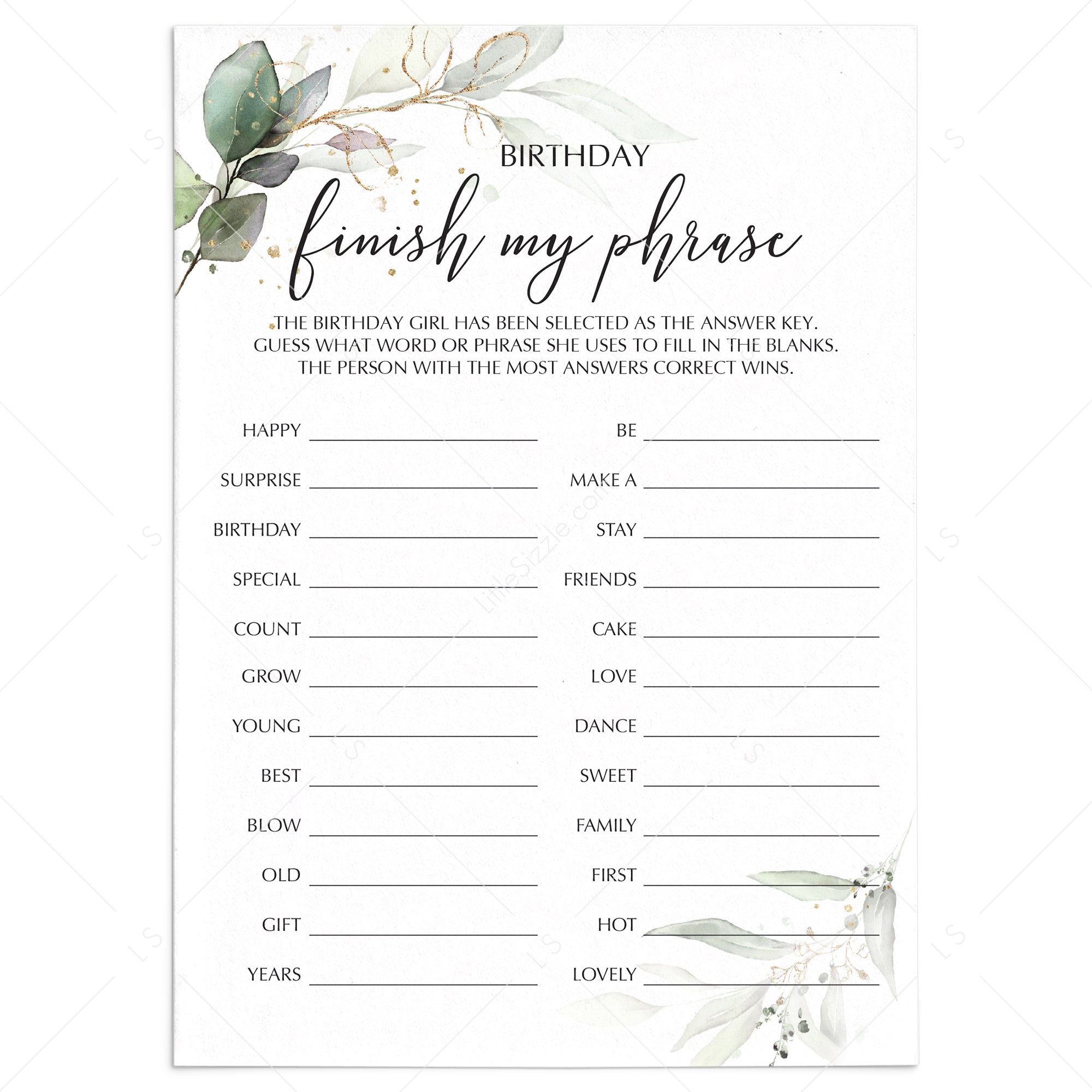 Greenery and Gold Theme Birthday Party Game Finish My Phrase Printable by LittleSizzle