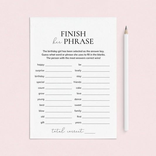 Group Birthday Party Game Finish Her Phrase Printable by LittleSizzle