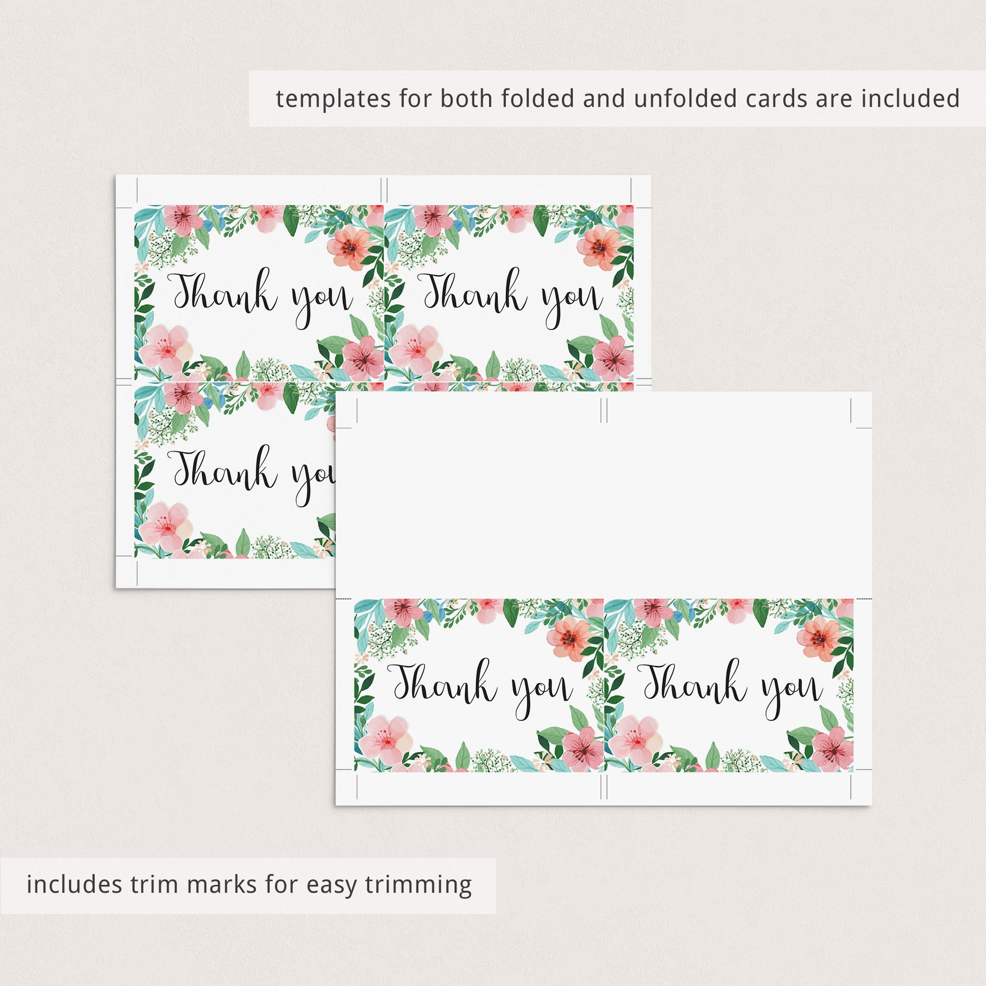Pink and green floral thank you note cards instant download by LittleSizzle