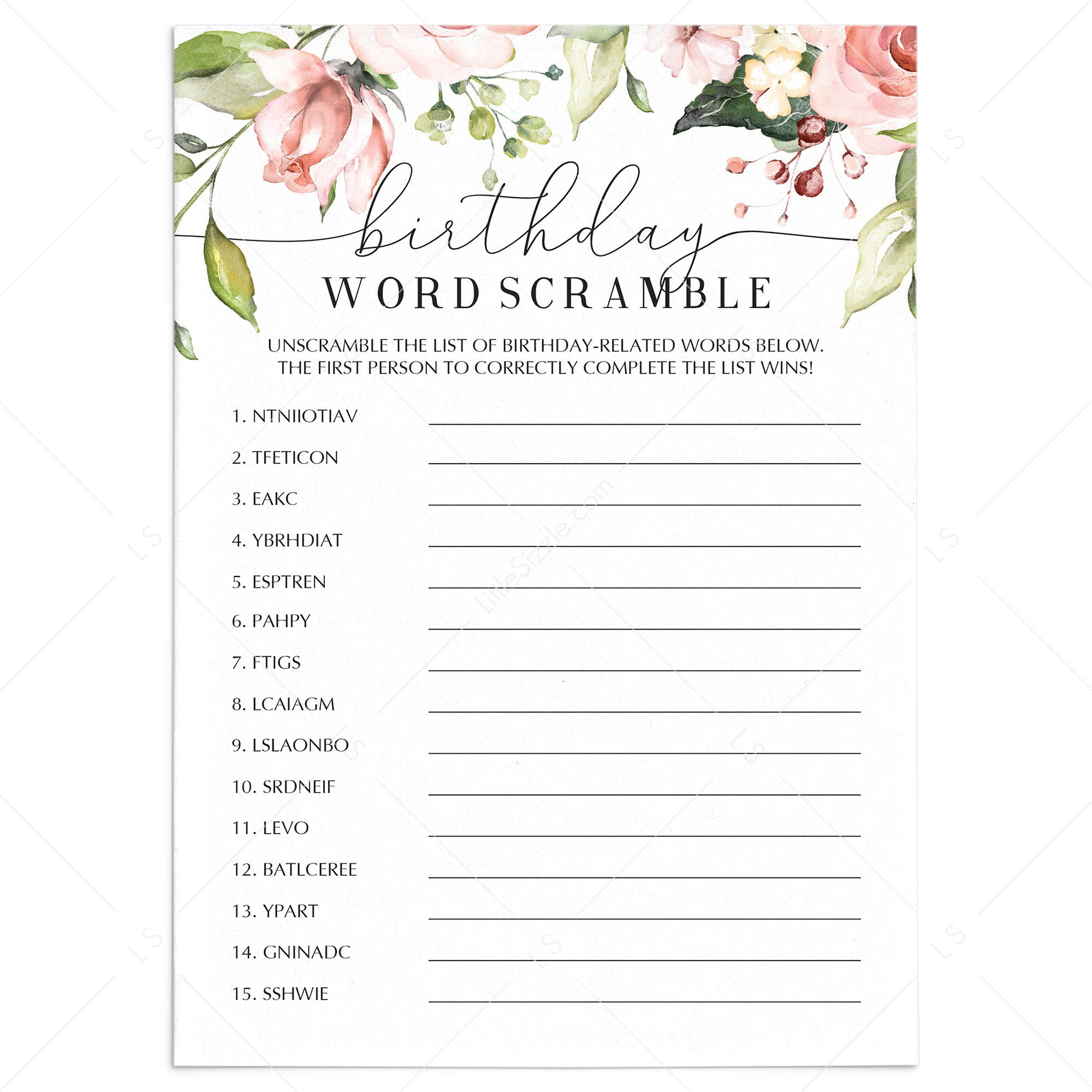 Blush Floral Birthday Word Scramble Printable by LittleSizzle
