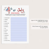 4th of July Game for Kids Word Scramble Printable