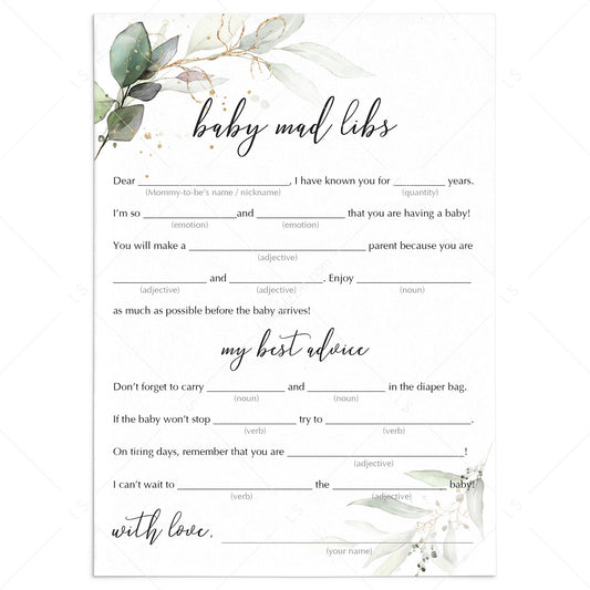Gold Green Baby Shower Games Mad Libs Cards Printable by LittleSizzle