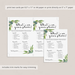Whats On Your Phone Birthday Game Printable Eucalyptus Greenery