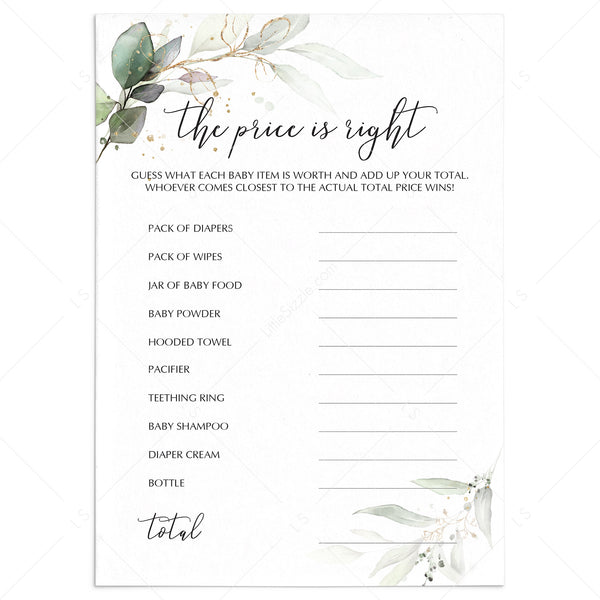 Price Right Baby Shower Game Printable | Greenery Gold Theme – LittleSizzle