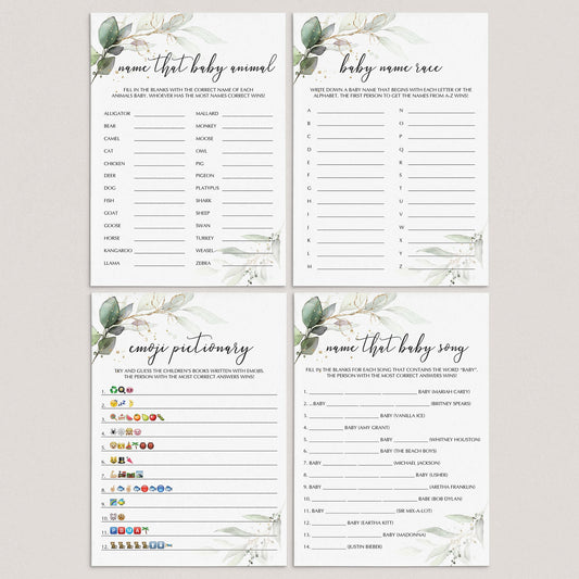 Chic Baby Shower Games Printable Watercolor Greenery and Gold by LittleSizzle