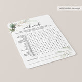 Word Search for Baby Shower Printable Greenery Gold