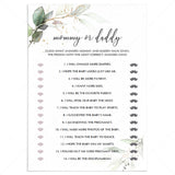 Mommy or Daddy Game Template for Greenery Gold Baby Shower by LittleSizzle