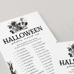 Skull Halloween Party Game Phobia Match with Answers Printable