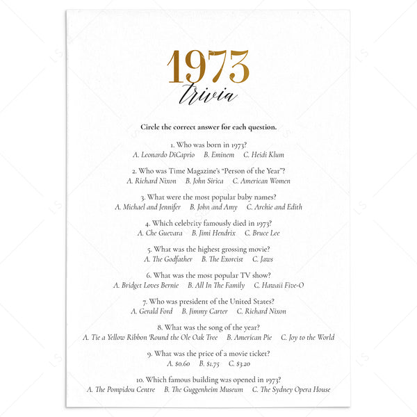 1973 Trivia Quiz with Answer Key Instant Download, 50th Birthday