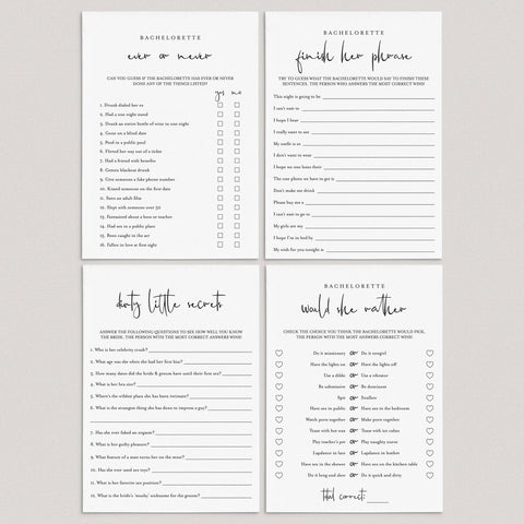 Minimalist Bachelorette Party Games Bundle Printable | 4 Fun Games ...