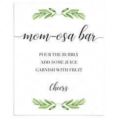 mom-osa bar sign for greenery themed baby shower printable by LittleSizzle
