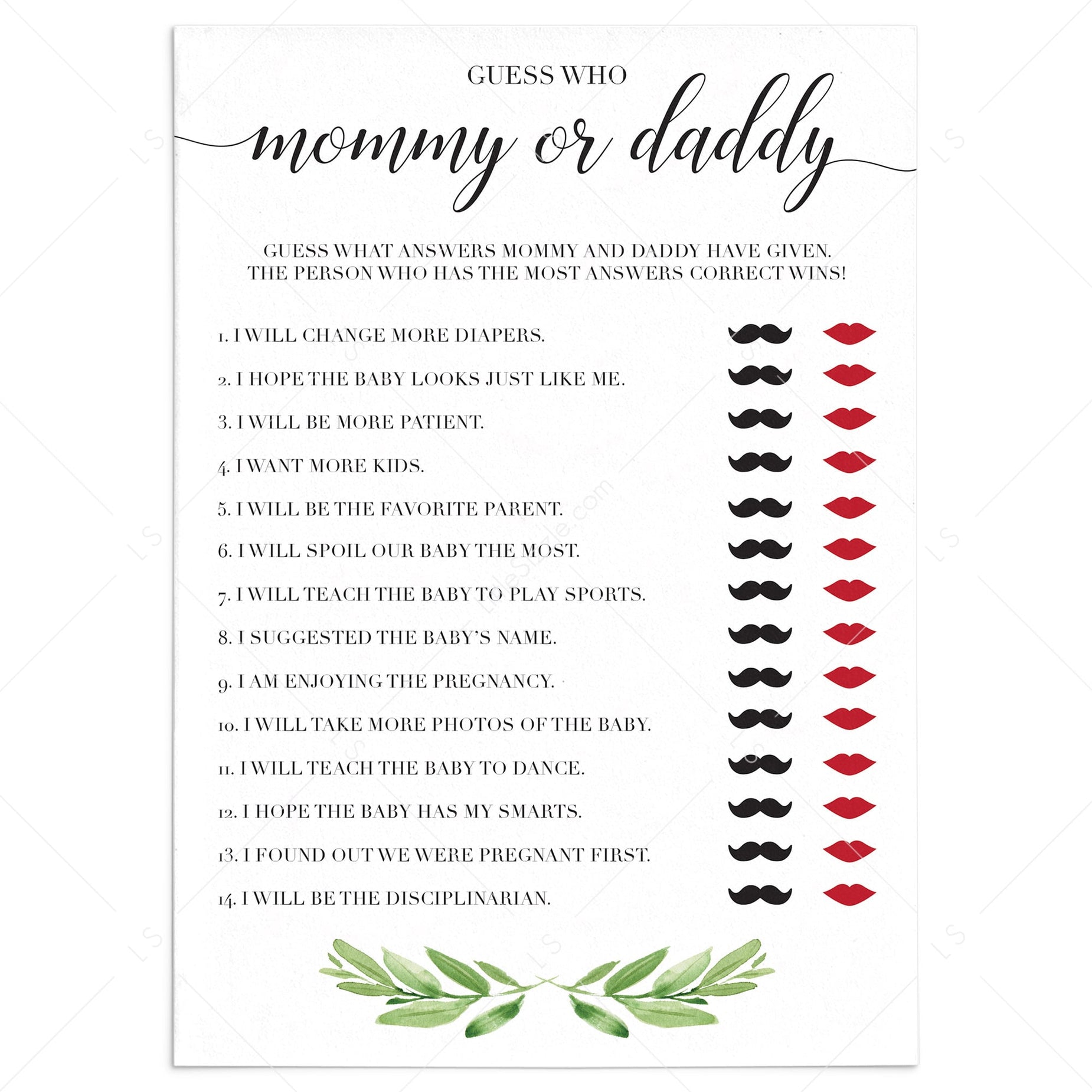 Printable Mommy or Daddy Baby Shower Games | Instant download ...