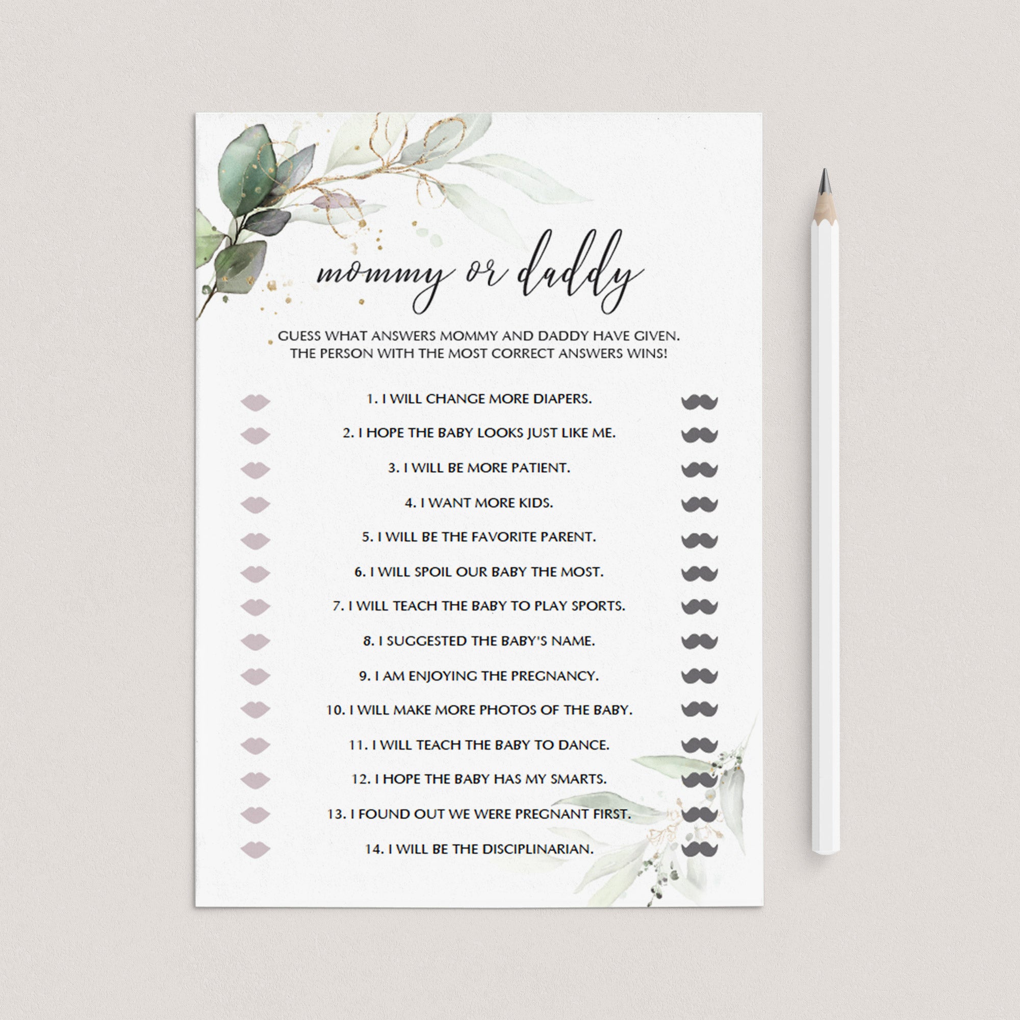 Mommy or Daddy Game Template for Greenery Gold Baby Shower by LittleSizzle