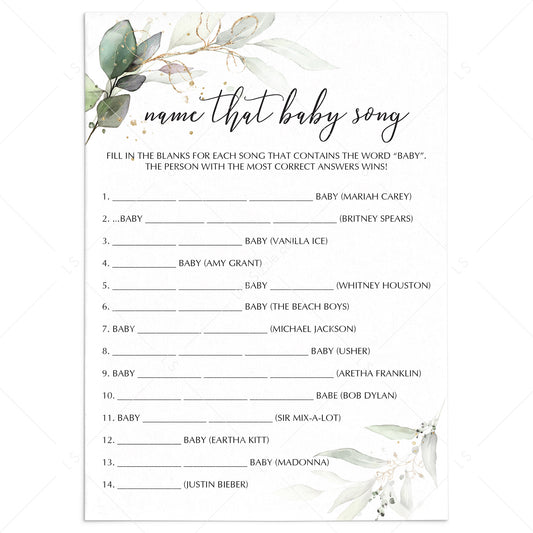 Gold Green Theme Baby Party Game Name That Song Printable by LittleSizzle
