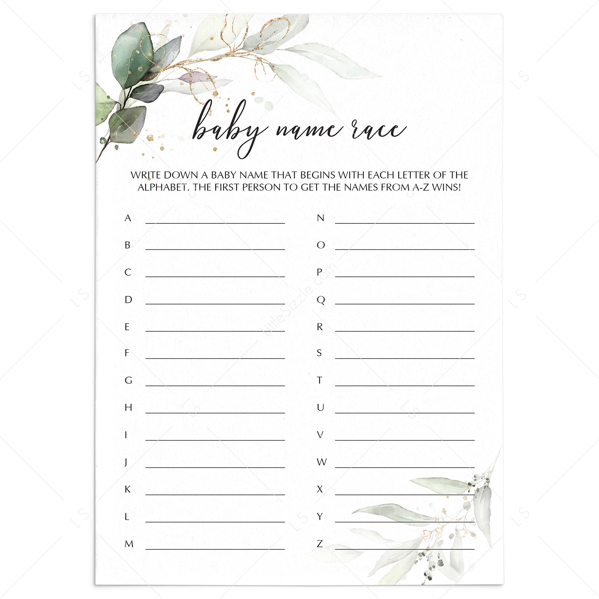 Baby Names Game Printable Greenery and Gold Theme by LittleSizzle