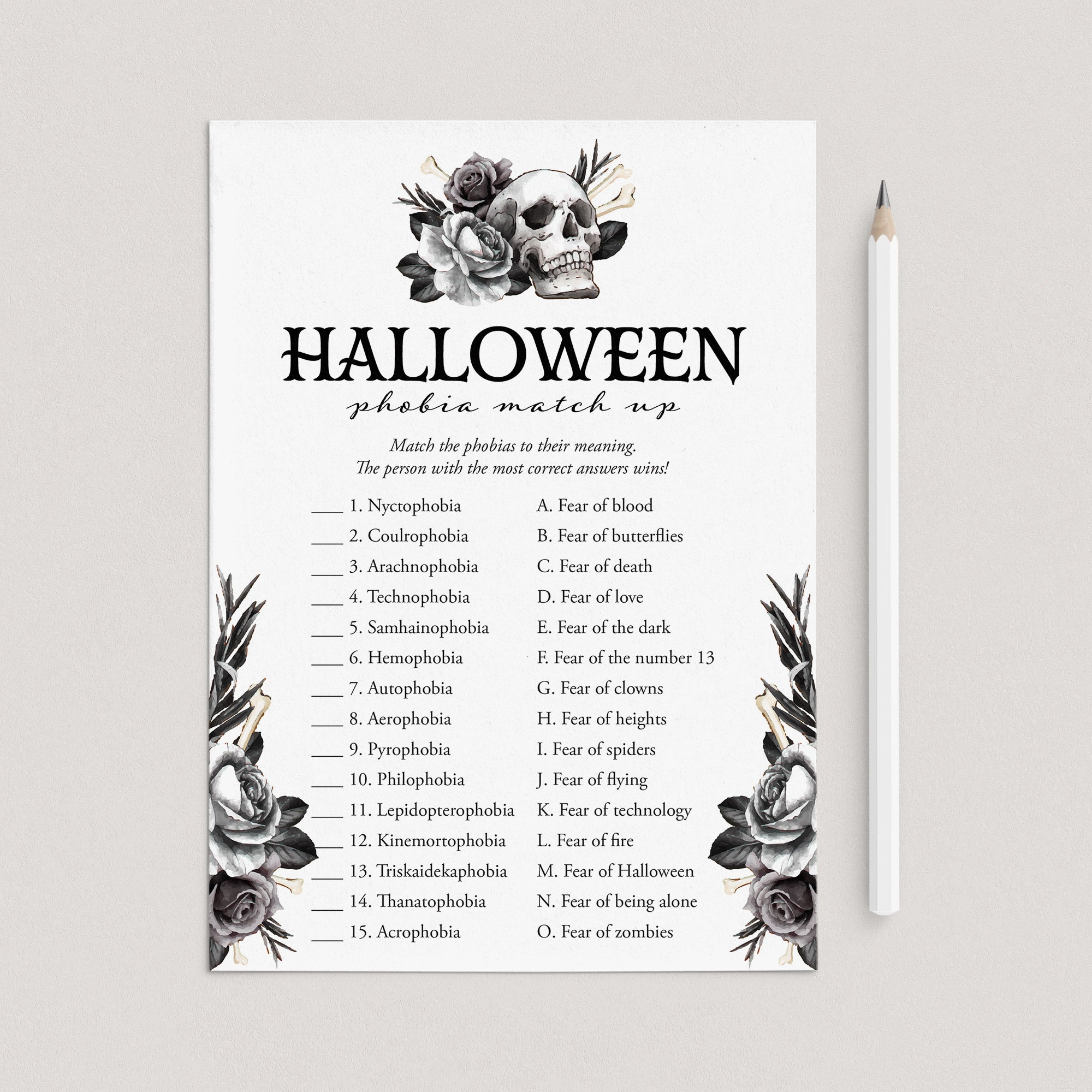 Skull Halloween Party Game Phobia Match with Answers Printable by LittleSizzle