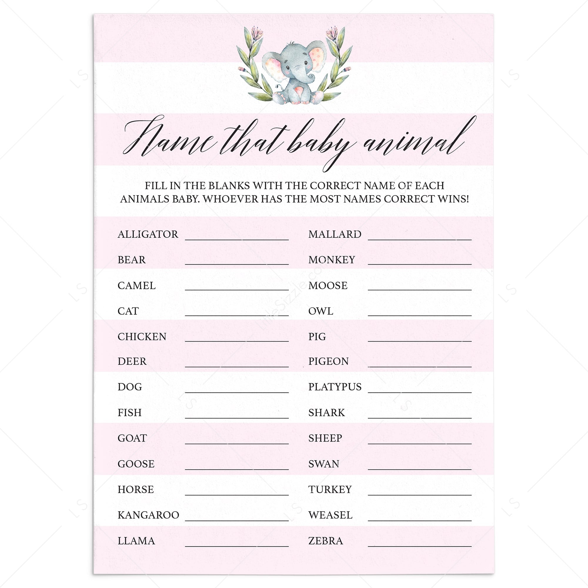 Girl baby shower animal name quiz printable by LittleSizzle