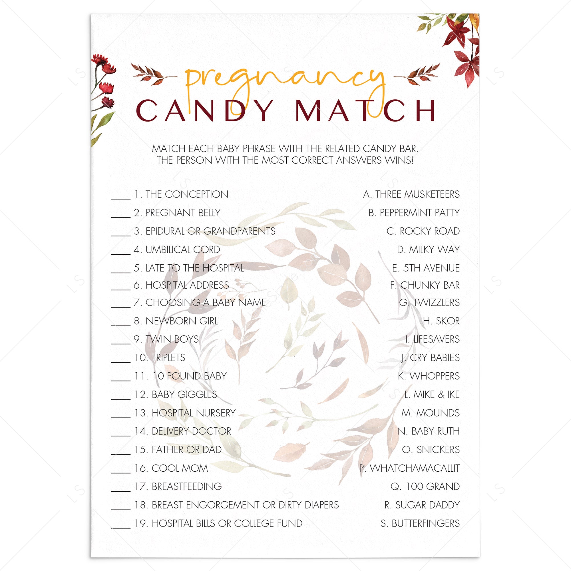 Autumn Leaves Baby Shower Game Printable Pregnancy Candy Match by LittleSizzle