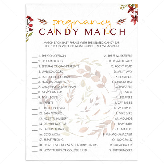 Autumn Leaves Baby Shower Game Printable Pregnancy Candy Match by LittleSizzle