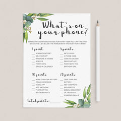 Whats On Your Phone Birthday Game Printable Eucalyptus Greenery by LittleSizzle