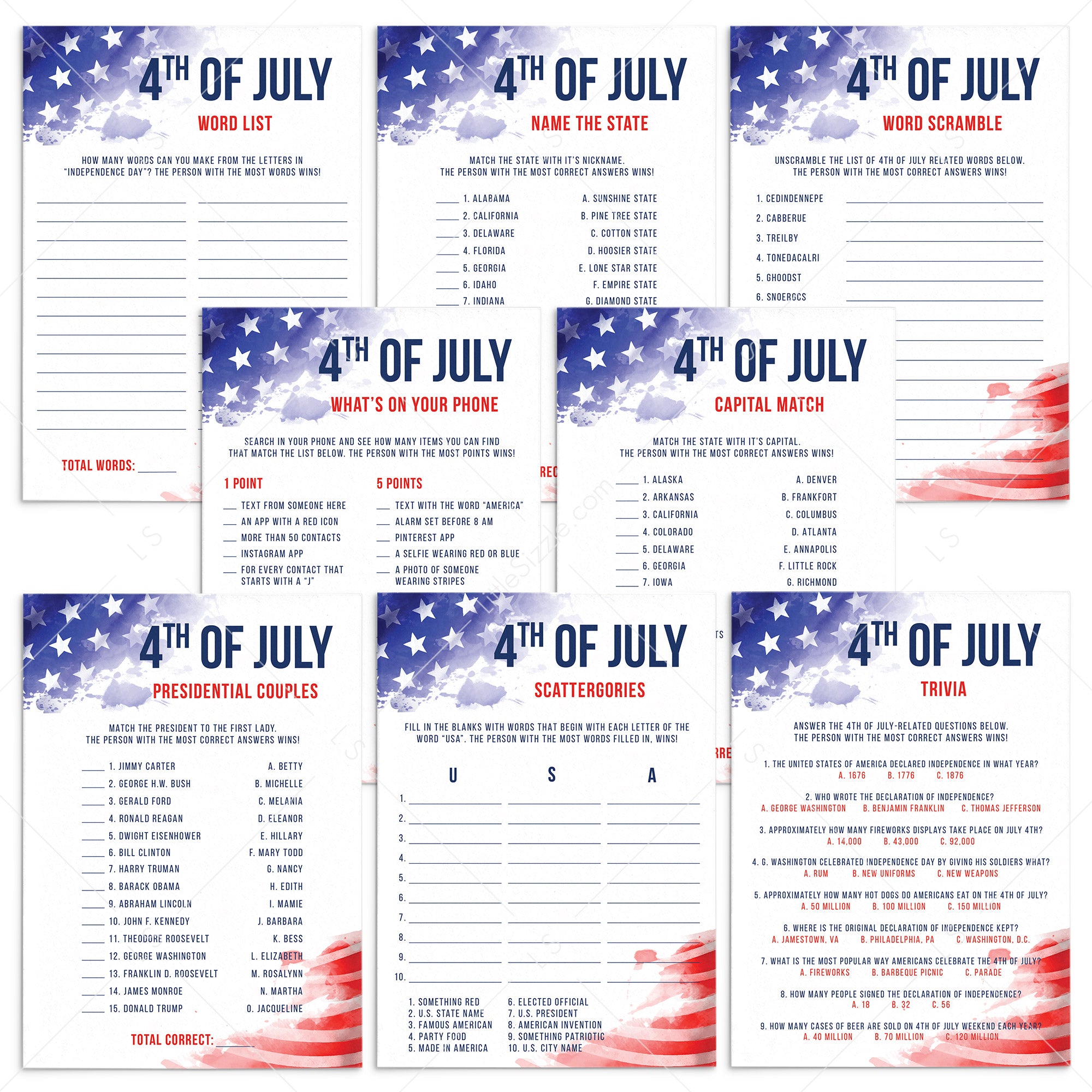 July 4 Games Bundle Instant Download by LittleSizzle